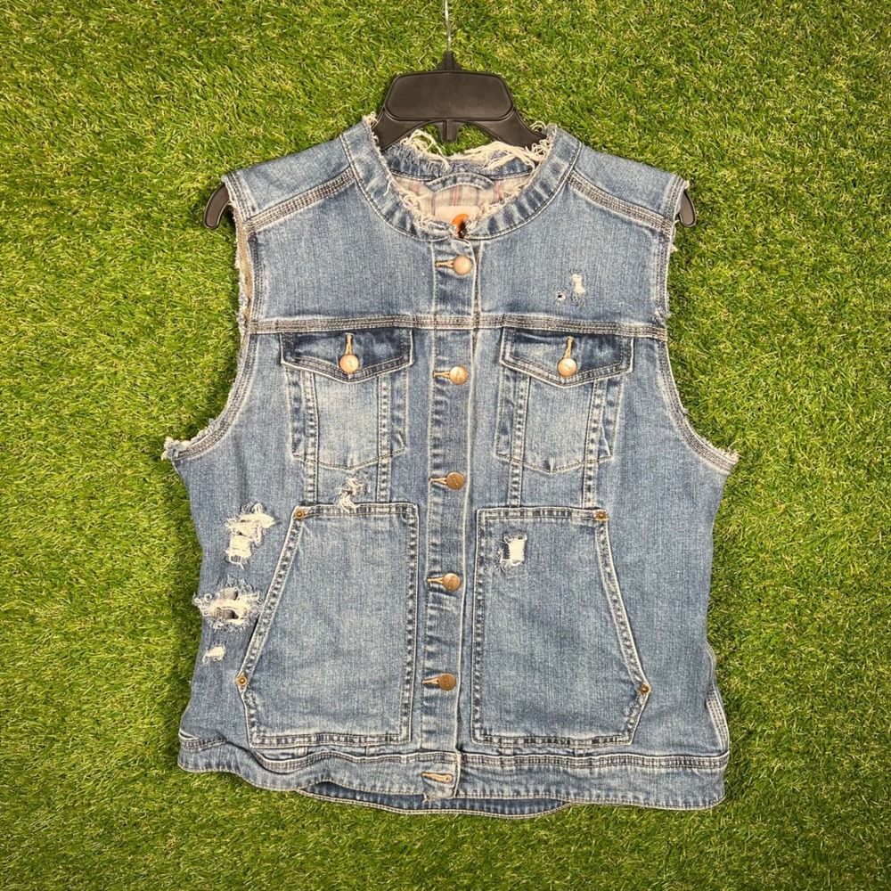 Carhartt Girls Distressed Denim Vest Blue Jean L 12/14 Striped Lining